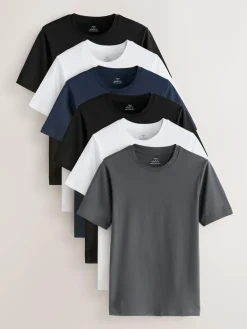Next Black/White/Navy/Grey Muscle Fit Essential Cotton T-Shirts 6 Pack^ Nightwear|Tops & T-Shirts