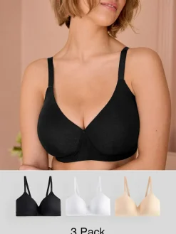 Online Next Black/White/Pastel Rose Nude Pad Non Wire DD+ Cotton Blend Ultimate Comfort Bras 3 Pack