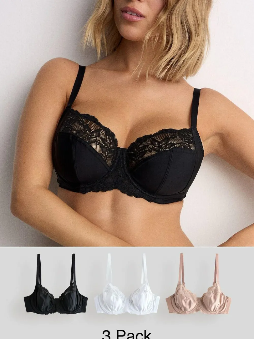 Best Next DD+ Non Pad Full Cup Bras 3 Pack Black/White/Praline Nude