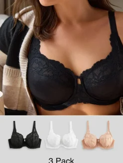 Next DD+ Lace Trim Non Pad Full Cup Underwired Bras 3 Pack^Women Bras|Dd+ Range