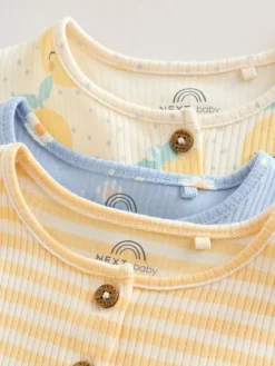 Next Blue and Lemon Printed Button T Shirt Jersey 3 Pack Baby Rompers^ Rompers & Overalls