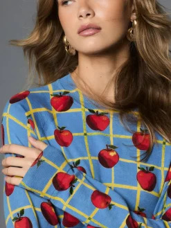 Online Next Blue Apple Check Pattern Soft Touch Crew Neck Cotton Rich Jumper