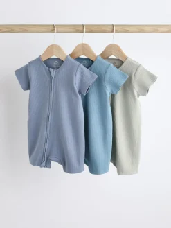 New Next Blue Baby Two Way Zip 100% Cotton Rompers 3 Pack (0-3yrs)