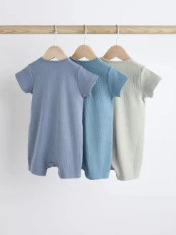 New Next Blue Baby Two Way Zip 100% Cotton Rompers 3 Pack (0-3yrs)