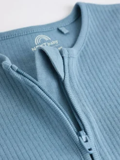 New Next Blue Baby Two Way Zip 100% Cotton Rompers 3 Pack (0-3yrs)