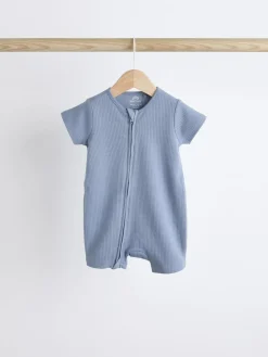 New Next Blue Baby Two Way Zip 100% Cotton Rompers 3 Pack (0-3yrs)