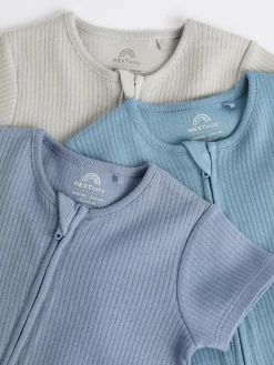New Next Blue Baby Two Way Zip 100% Cotton Rompers 3 Pack (0-3yrs)
