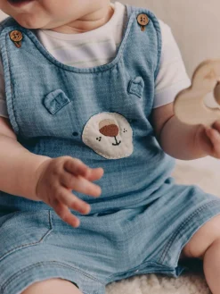 Online Next Blue Bear Woven Dungarees and Bodysuit Baby Set (0mths-2yrs)