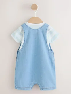 Online Next Blue Bear Woven Dungarees and Bodysuit Baby Set (0mths-2yrs)