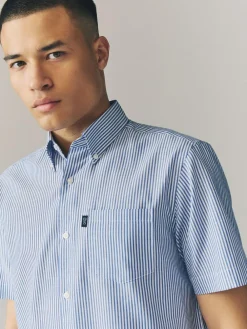 Clearance Next Blue Bengal Short Sleeve With Button Down Collar Stripe Easy Iron Oxford Shirt