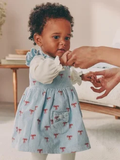 Next Blue Bow Baby Cord Pinafore Long Sleeve Bodysuit & Tights Set (0mths-2yrs)^ Dresses|Dresses