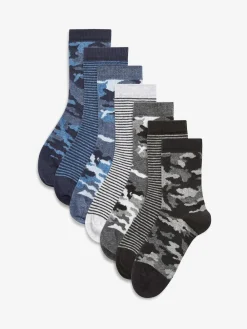 Next Blue Camouflage/Stripes Cotton Rich Socks 7 Pack^BOY Socks