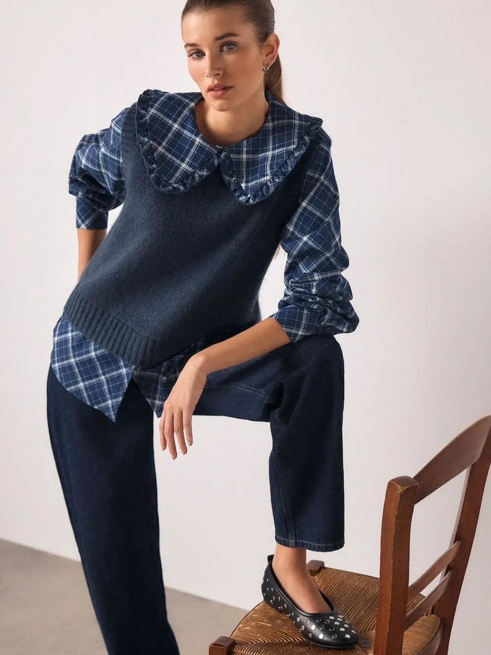 Clearance Next Frill Collar Shirt Layer Knitted Tank Blue Check
