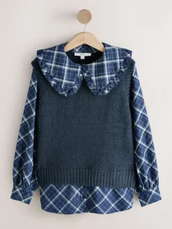 Clearance Next Frill Collar Shirt Layer Knitted Tank Blue Check