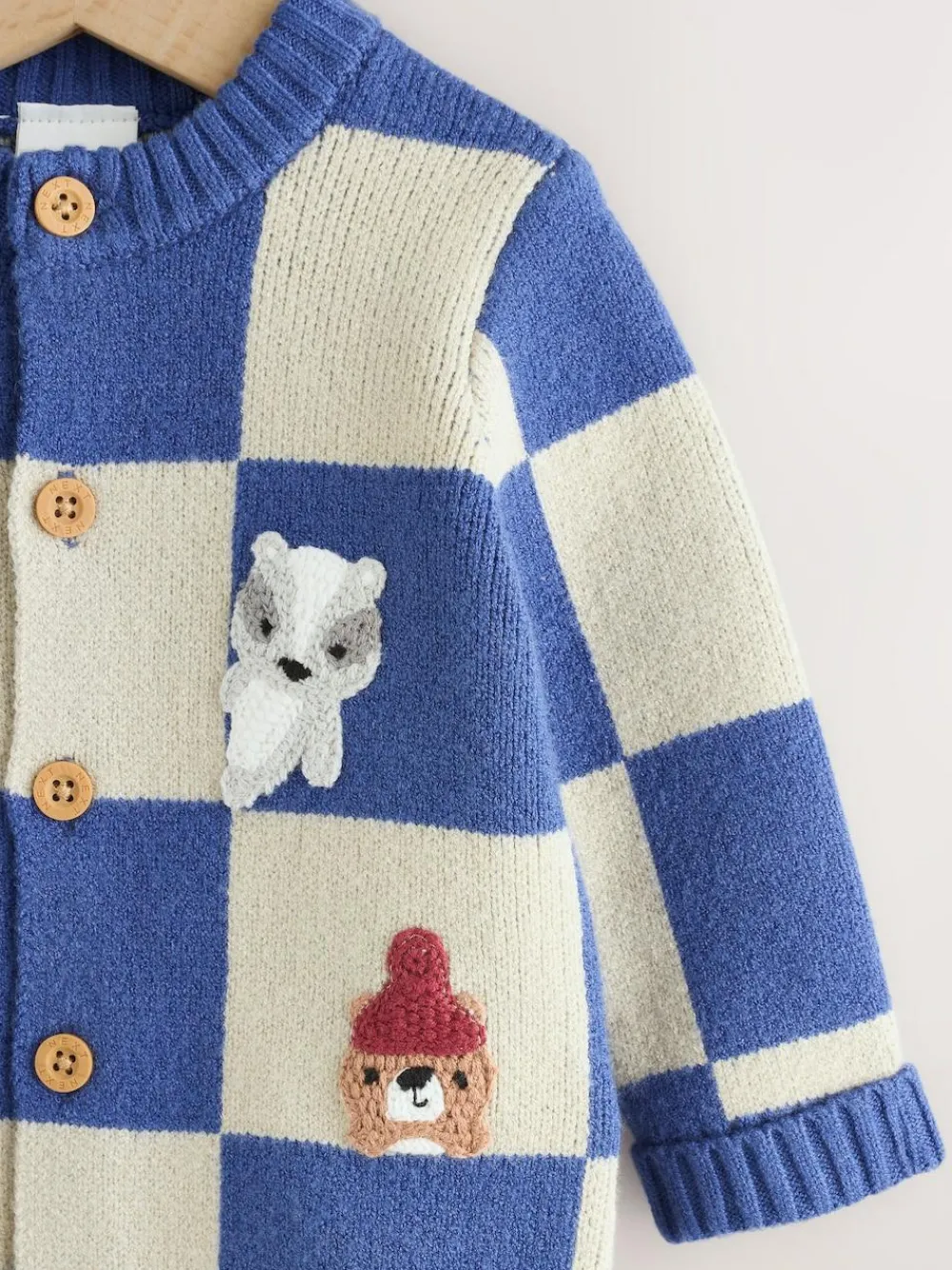 Hot Next Baby Knitted Cardigan (0mths-2yrs) Blue Checkerboard Embroidered Character