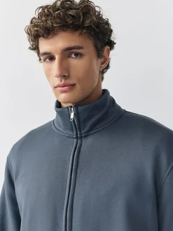 Online Next Cotton Rich Jersey Full Zip Funnel Neck Sweatshirt Blue