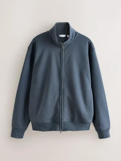 Online Next Cotton Rich Jersey Full Zip Funnel Neck Sweatshirt Blue