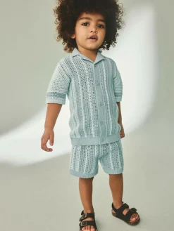 Next Blue Crochet Knitted Short Sleeve Shirt and Shorts Set (3mths-10yrs)^BOY Knitwear & Sweaters|Knitwear