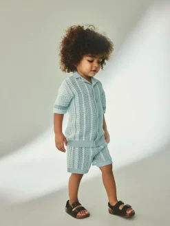 Next Blue Crochet Knitted Short Sleeve Shirt and Shorts Set (3mths-10yrs)^BOY Knitwear & Sweaters|Knitwear