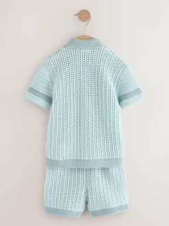 Next Blue Crochet Knitted Short Sleeve Shirt and Shorts Set (3mths-10yrs)^BOY Knitwear & Sweaters|Knitwear