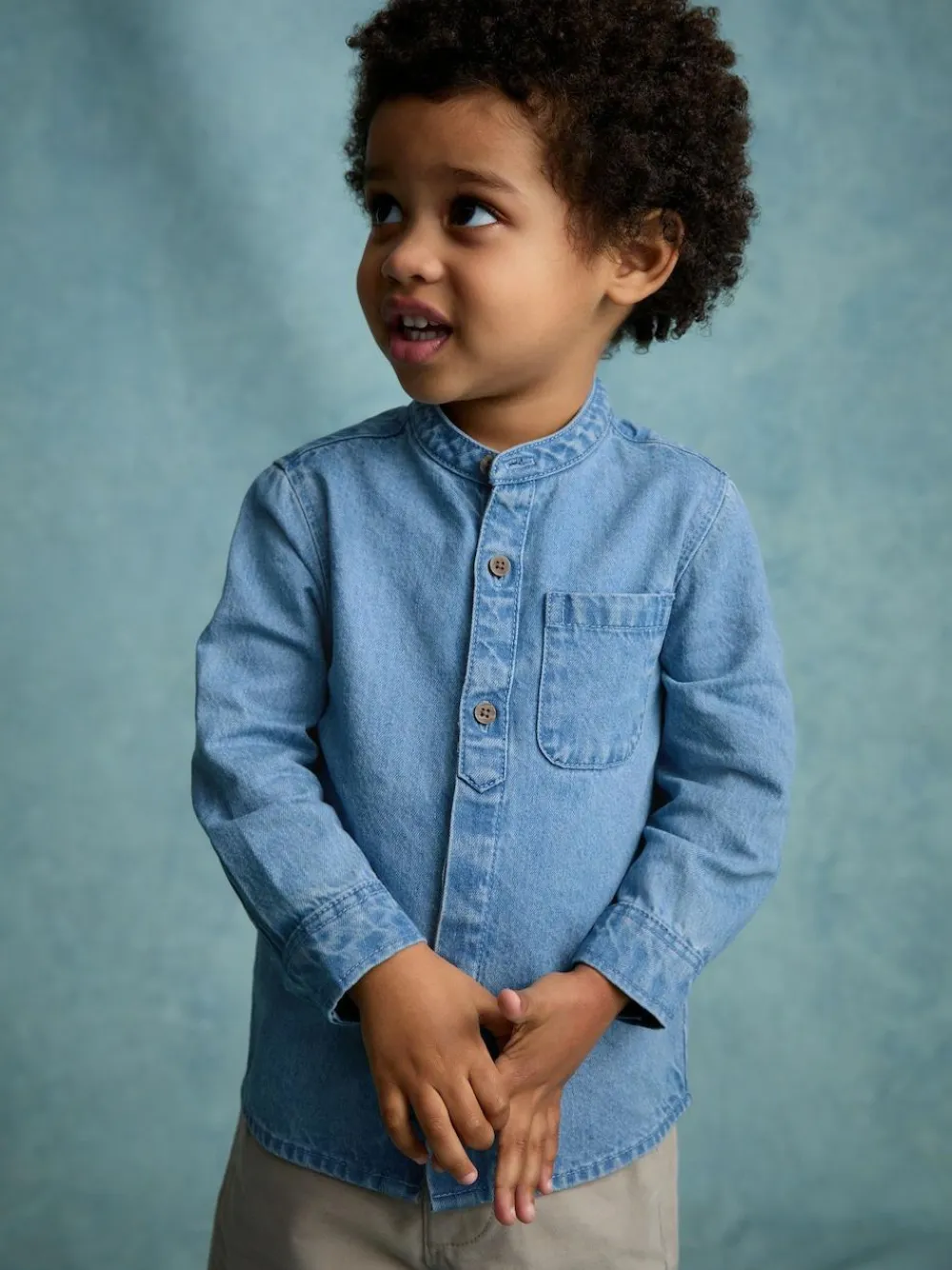 Next Blue Denim 100% Cotton Long Sleeve Grandad Collar Denim Shirt (3mths-7yrs)^BOY Suits & Vest|Shirts
