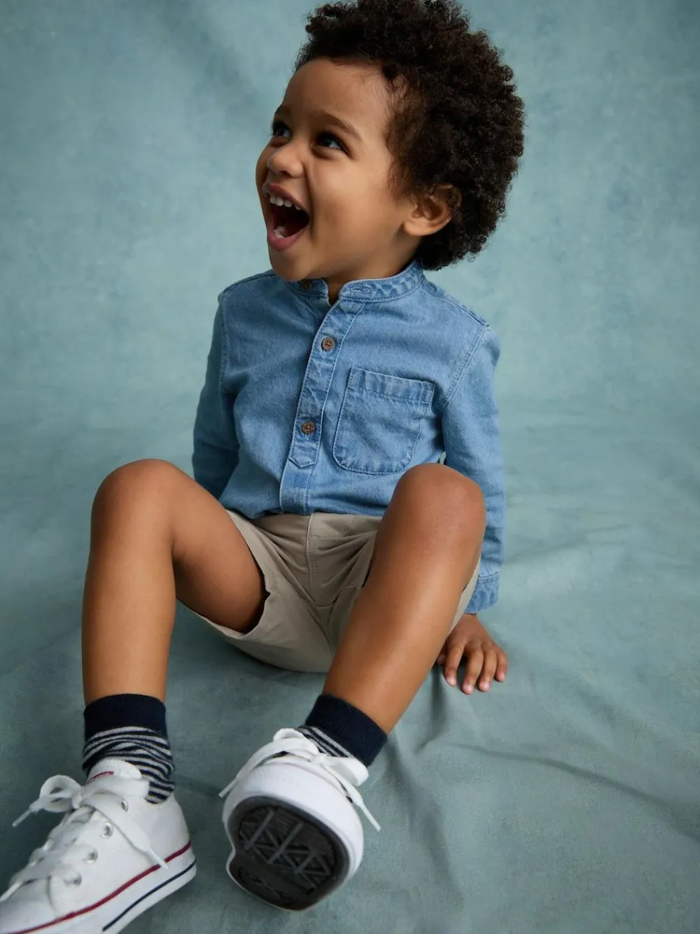 Next Blue Denim 100% Cotton Long Sleeve Grandad Collar Denim Shirt (3mths-7yrs)^BOY Suits & Vest|Shirts