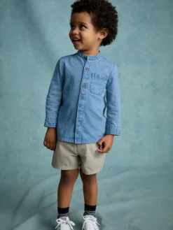 Next Blue Denim 100% Cotton Long Sleeve Grandad Collar Denim Shirt (3mths-7yrs)^BOY Suits & Vest|Shirts