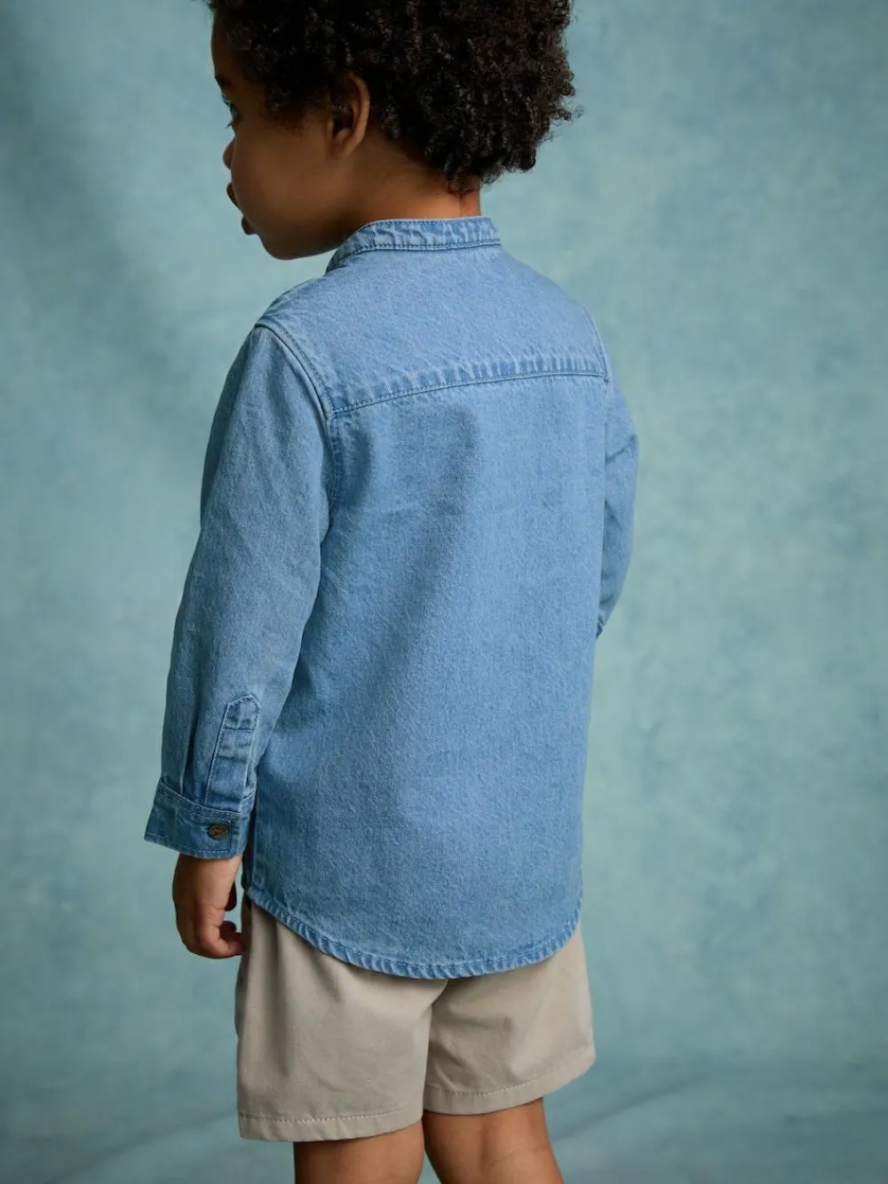 Next Blue Denim 100% Cotton Long Sleeve Grandad Collar Denim Shirt (3mths-7yrs)^BOY Suits & Vest|Shirts