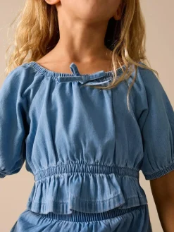 Hot Next Blue Denim Puff Sleeve Blouse and Skirt Set (3-16yrs)