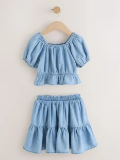 Hot Next Blue Denim Puff Sleeve Blouse and Skirt Set (3-16yrs)