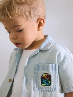 Next Blue Denim Short Sleeve Revere Collar Backprint Shirt (3mths-7yrs)^BOY Suits & Vest