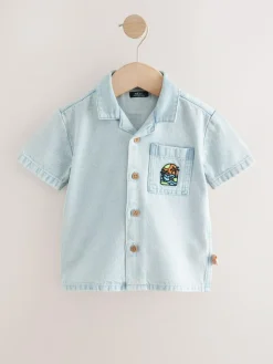 Next Blue Denim Short Sleeve Revere Collar Backprint Shirt (3mths-7yrs)^BOY Suits & Vest