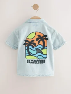 Next Blue Denim Short Sleeve Revere Collar Backprint Shirt (3mths-7yrs)^BOY Suits & Vest