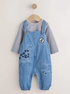 Best Next Baby Denim Dungarees and Bodysuit Set (0mths-2yrs) Blue Dinosaur