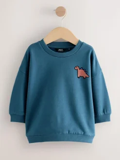 Next Blue Dinosaur Back Printed Crew Neck Jersey Sweatshirt (3mths-7yrs)^BOY Cosy Club|Baby Winter Clothing