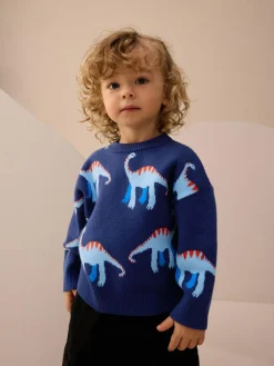 Next Blue Dinosaur Knitted Crew Neck Jumper (3mths-7yrs)