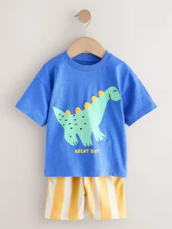 Online Next Short Sleeve T-Shirt and Shorts Set (3mths-7yrs) Blue Dinosaur