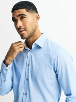Next Blue Dobby Slim Fit Cotton Stretch Long Sleeve Formal Shirt^ Shirts