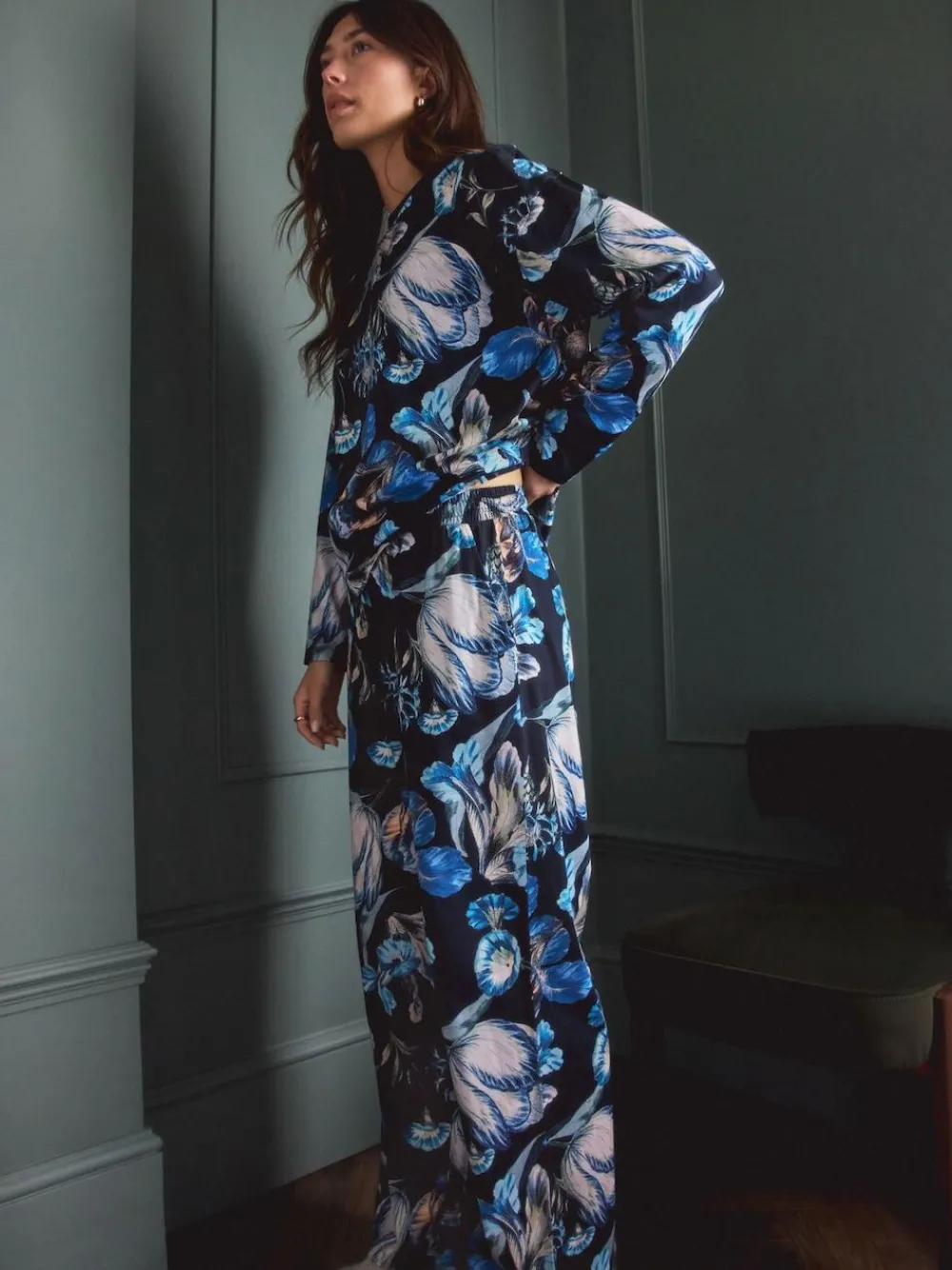 Online Next Blue Floral Kew Collection Long Sleeve Pyjamas