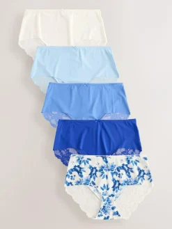 Next Blue Floral Midi No VPL Lace Back Briefs 5 Pack^Women Panties
