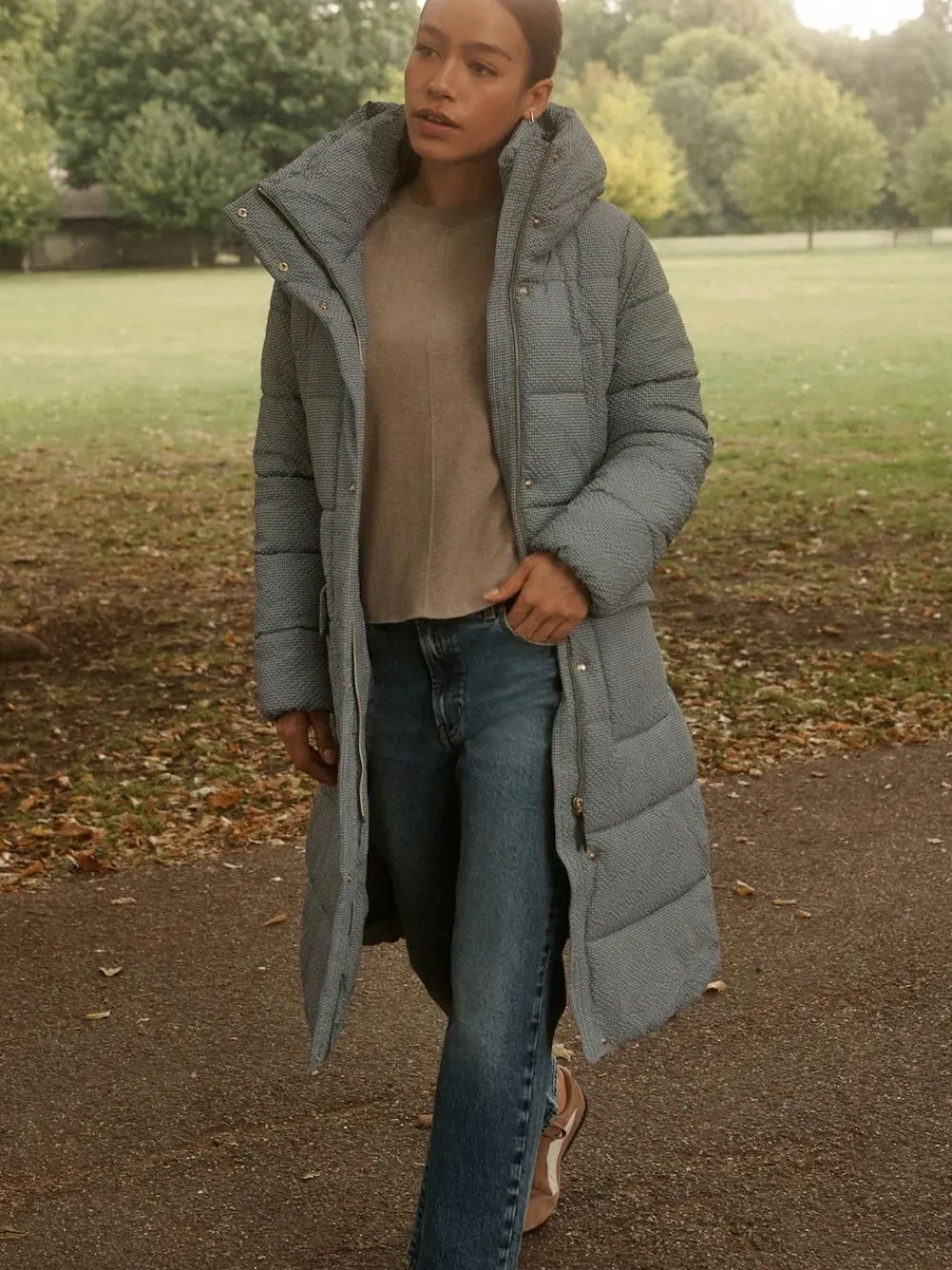 Next Blue Gingham Shower Resistant Padded Hooded Longline Coat^Women Coats & Jackets|Coats & Jackets