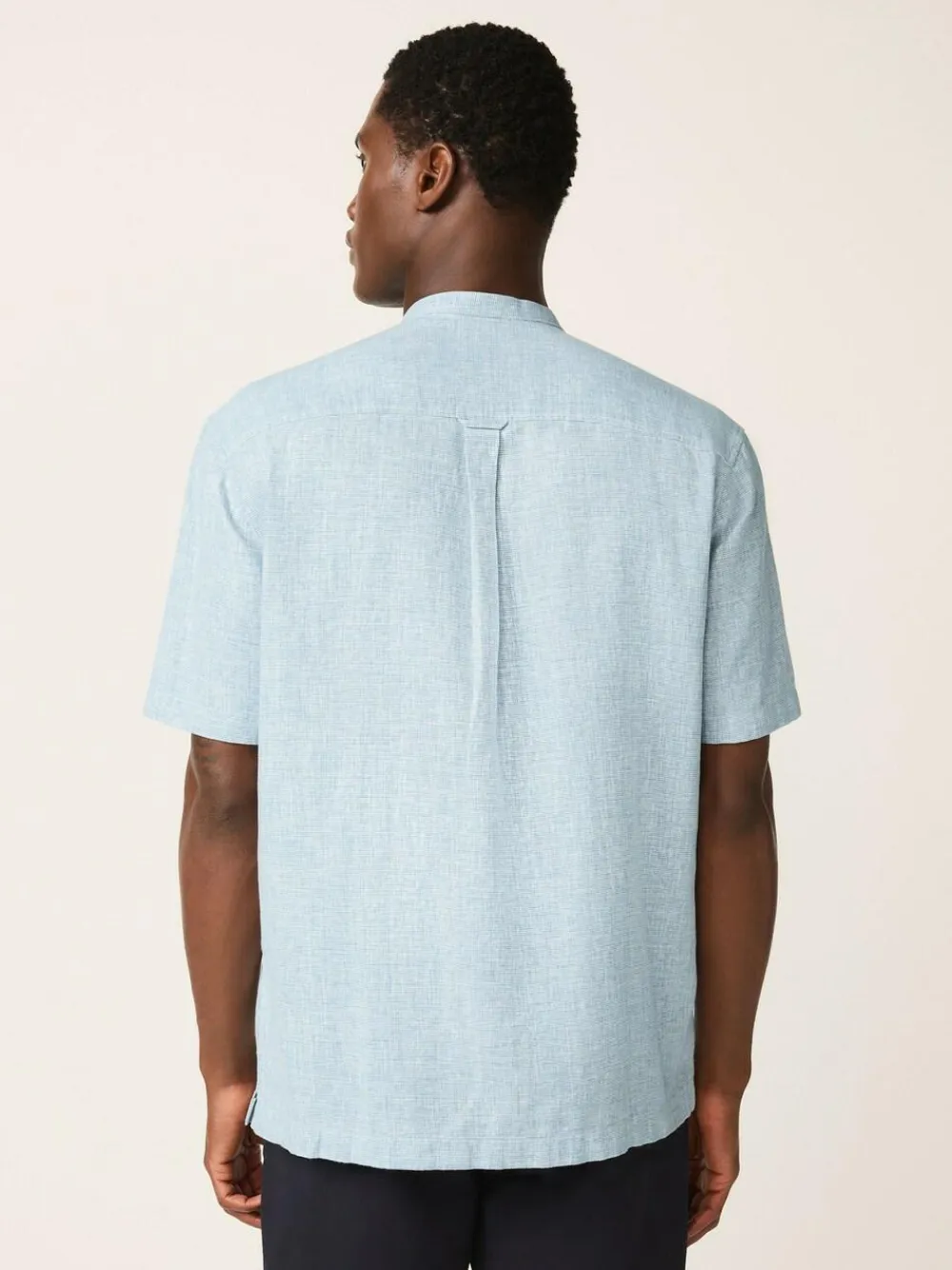 New Next Grandad Collar Cotton Linen Blend Short Sleeve Shirt Blue