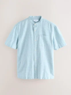 New Next Grandad Collar Cotton Linen Blend Short Sleeve Shirt Blue