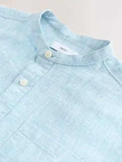 New Next Grandad Collar Cotton Linen Blend Short Sleeve Shirt Blue