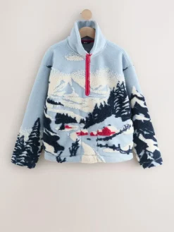 Hot Next Blue Graphic Winter Scenic Soft Touch Cosy Teddy Borg Quarter Zip Fleece