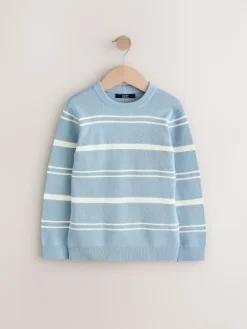 Next Blue Knitted Stripe Crew Neck 100% Cotton Jumper (3-16yrs)^BOY Knitwear & Sweaters|Knitwear