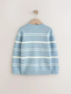 Next Blue Knitted Stripe Crew Neck 100% Cotton Jumper (3-16yrs)^BOY Knitwear & Sweaters|Knitwear