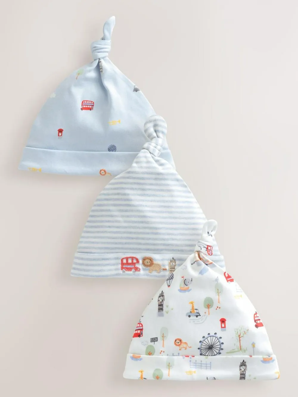 Next Blue London Tie Top Baby Hats 3 Pack (0-18mths)^BOY Hats & Scratch Mitts|Newborn Accessories