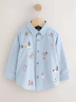 Outlet Next Blue Long Sleeve Christmas Embroidery Character Shirt (3mths-7yrs)