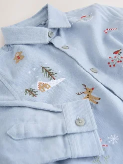 Outlet Next Blue Long Sleeve Christmas Embroidery Character Shirt (3mths-7yrs)